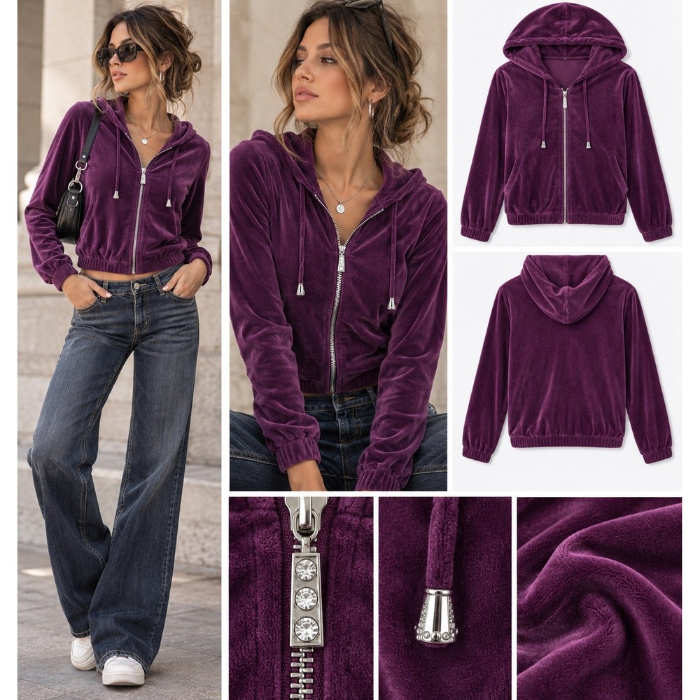 Cable & Gauge Studio Y2K Purple Velour Hoodie S Rhinestone Zip McBling 2000s
